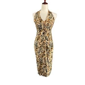 Vintage Knapp Studio California‎ Abstract V Neck Sleeveless Midi Dress M? Tan
